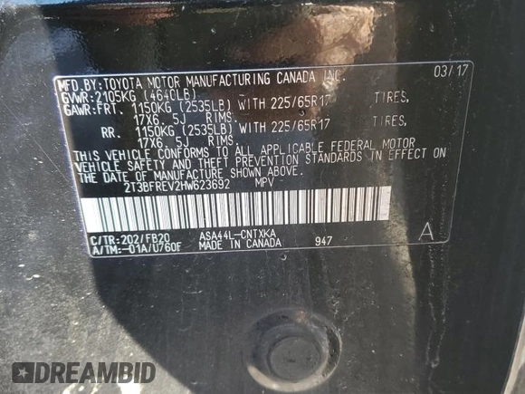 2017 Toyota RAV4 LE с VIN 2T3BFREV2HW623692, выставлен на аукционе Copart как лот 46796075 с пробегом 63 940 миль миль и Списание • Salvage title. История ставок и продаж доступна на DreamBid. Изображение 13.