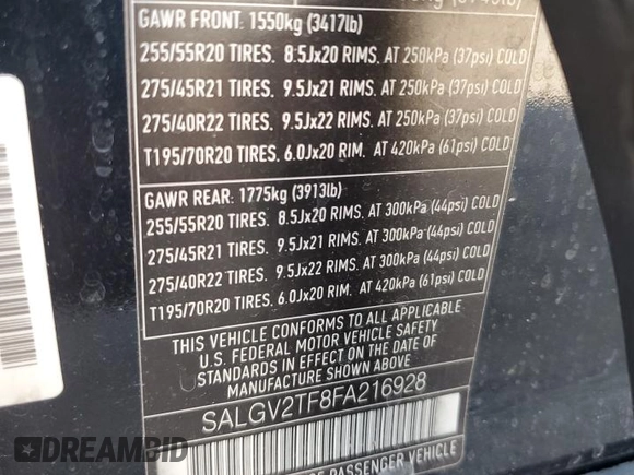 2015 Land Rover Range Rover Autobiography with VIN SALGV2TF8FA216928, listed as a Copart auction lot 69661193 with Not provided miles and . Bid and sale history available at DreamBid. Image 15.