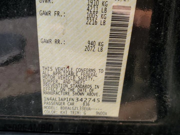 2015 Nissan Altima 2.5 with VIN 1N4AL3AP1FN342745, listed as a Copart auction lot 59305525 with 109,280 mi miles and Salvage title. Bid and sale history available at DreamBid. Image 12.