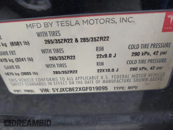 2016 Tesla Model X 70D with VIN 5YJXCBE2XGF019095, listed as a IAAI auction lot 42025230 with 109,660 mi miles and . Bid and sale history available at DreamBid. Image 9.