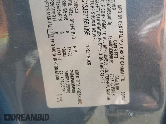 2007 Chevrolet Silverado 1500 1LT with VIN 2GCEC13J571651095, listed as a Copart auction lot 53669005 with Not Provided miles and Salvage Title. Bid and sale history available at DreamBid. Image 12.