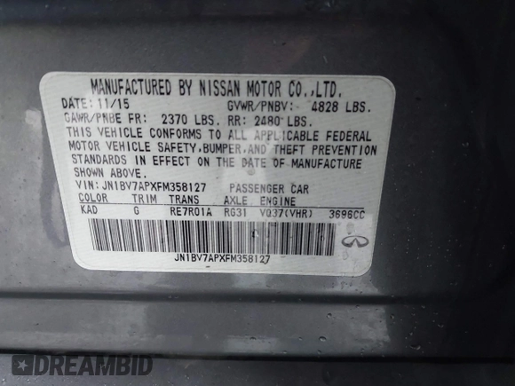 2015 Infiniti Q50 Premium with VIN JN1BV7APXFM358127, listed as a IAAI auction lot 42364173 with 97,512 mi miles and . Bid and sale history available at DreamBid. Image 9.
