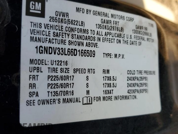 2006 Chevrolet Uplander LT w/1LT with VIN 1GNDV33L66D166509, listed as a Copart auction lot 86800014 with 231,095 mi miles and Salvage Title. Bid and sale history available at carsss.com. Image 13.