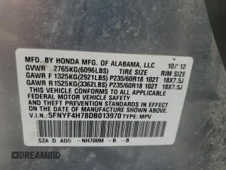 2013 Honda Pilot EX-L с VIN 5FNYF4H78DB013970, выставлен на аукционе Copart как лот 52898035 с пробегом 160 612 миль миль и Списание • Salvage title. История ставок и продаж доступна на DreamBid. Изображение 13.