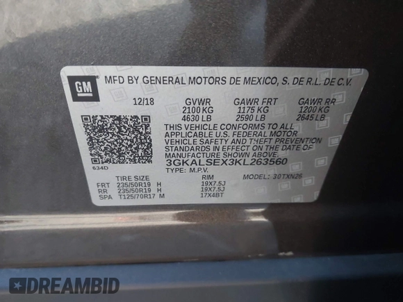 2019 GMC Terrain Denali with VIN 3GKALSEX3KL263560, listed as a IAAI auction lot 41277166 with 54,044 mi miles. Bid and sale history available at carsss.com. Image 9.
