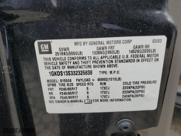 2003 GMC Envoy SLT with VIN 1GKDS13S332326838, listed as a Copart auction lot 48888545 with 197,969 mi miles and Clean Title. Bid and sale history available at carsss.com. Image 13.