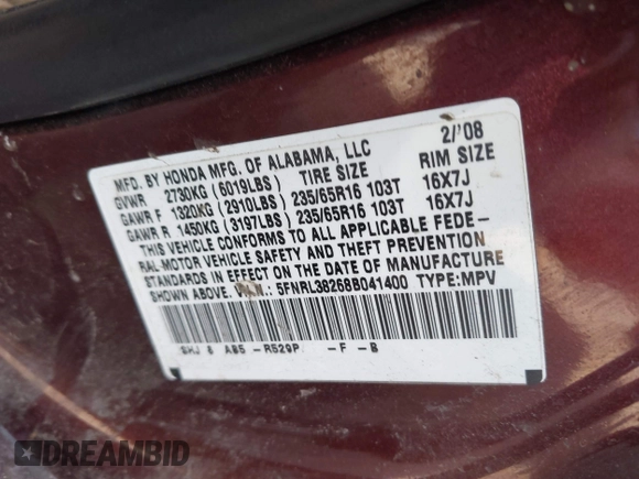 2008 Honda Odyssey LX с VIN 5FNRL38268B041400, выставлен на аукционе IAAI как лот 42336906 с пробегом 252 823 миль миль и . История ставок и продаж доступна на DreamBid. Изображение 9.