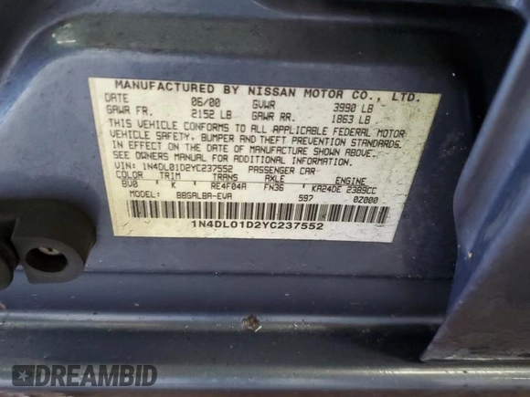 2000 Nissan Altima XE z VIN 1N4DL01D2YC237552, wystawiony jako Copart lot #57958785 z przebiegiem Nie podano mil oraz Szkoda całkowita • Salvage title. Historia ofert i sprzedaży dostępna na DreamBid. Obrazek 12.