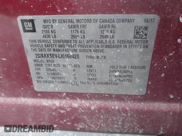2018 Chevrolet Equinox LT with VIN 2GNAXSEV4J6168420, listed as a IAAI auction lot 41935793 with 136,791 mi miles and . Bid and sale history available at carsss.com. Image 9.