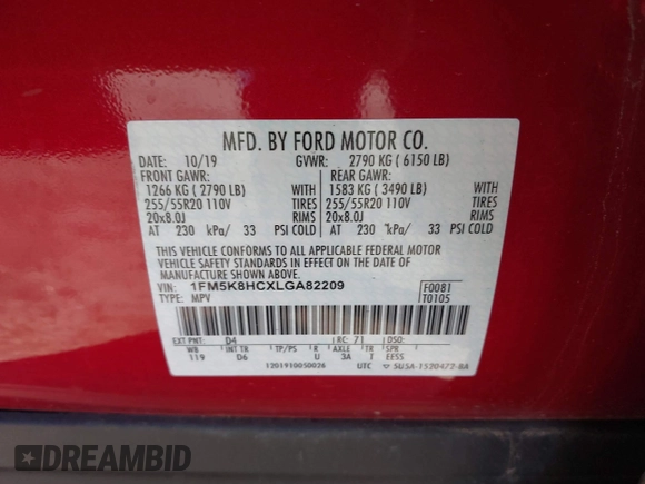 2020 Ford Explorer Platinum with VIN 1FM5K8HCXLGA82209, listed as a IAAI auction lot 41823764 with 52,016 mi miles. Bid and sale history available at carsss.com. Image 9.