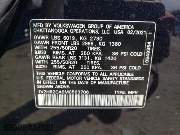 2021 Volkswagen Atlas SE с VIN 1V2HR2CA9MC563706, выставлен на аукционе Copart как лот 52491985 с пробегом 30 461 миль миль и Списание • Salvage title. История ставок и продаж доступна на DreamBid. Изображение 13.