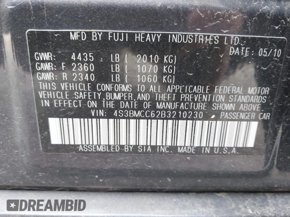 2011 Subaru Legacy Premium with VIN 4S3BMCC62B3210230, listed as a IAAI auction lot 42152147 with 128,358 mi miles and . Bid and sale history available at DreamBid. Image 9.