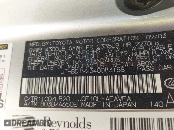 2004 Lexus IS with VIN JTHBD192340083158, listed as a IAAI auction lot 41543974 with 163,956 mi miles and . Bid and sale history available at carsss.com. Image 9.