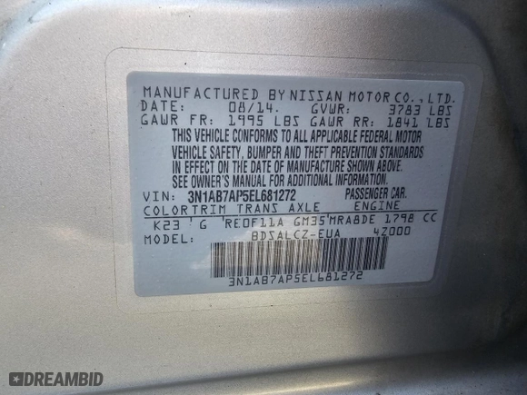 2014 Nissan Sentra S with VIN 3N1AB7APSEL6BL27Z, listed as a Copart auction lot 54271015 with 105,241 mi miles and Clean Title. Bid and sale history available at carsss.com. Image 10.