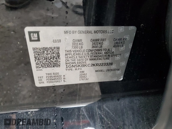 2019 Chevrolet Tahoe LT z VIN 1GNSKBKC2KR223328, wystawiony jako Copart lot #55530685 z przebiegiem 91 942 mil mil oraz Czysty tytuł • Clean title. Historia ofert i sprzedaży dostępna na DreamBid. Obrazek 13.