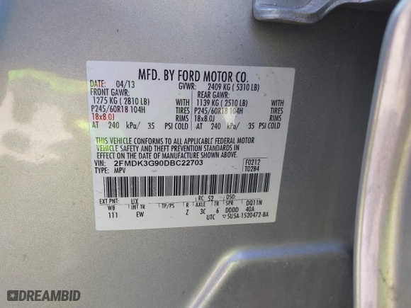 2013 Ford Edge SE with VIN 2FMDK3G90DBC22703, listed as a IAAI auction lot 41787417 with 132,720 mi miles. Bid and sale history available at carsss.com. Image 9.