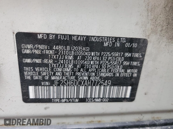 2010 Subaru Forester X Limited with VIN JF2SH6DCXAH772549, listed as a Copart auction lot 58598275 with 142,128 mi miles and Salvage title. Bid and sale history available at DreamBid. Image 14.