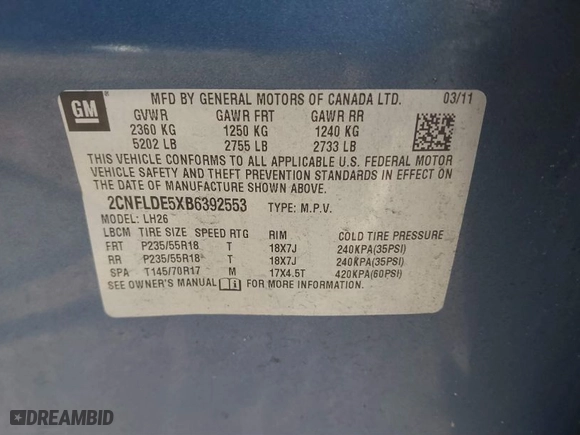 2011 Chevrolet Equinox LT w/1LT with VIN 2CNFLDE5XB6392553, listed as a IAAI auction lot 41445560 with 150,208 mi miles. Bid and sale history available at carsss.com. Image 9.