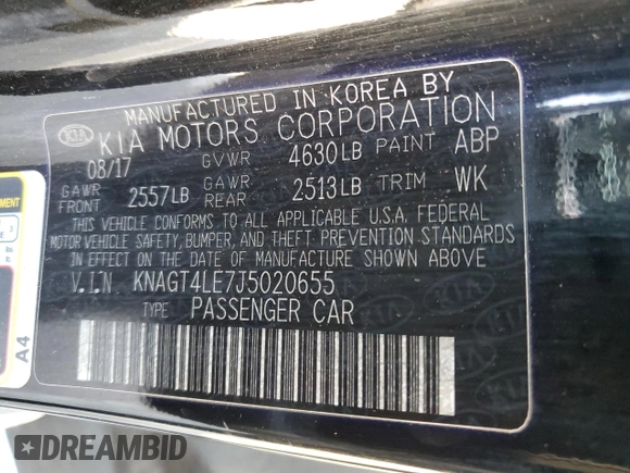 2018 Kia Optima Premium with VIN KNAGT4LE7J5020655, listed as a Copart auction lot 51988535 with 124,996 mi miles and Salvage Title. Bid and sale history available at carsss.com. Image 14.