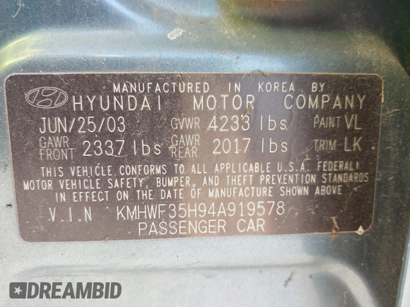 2004 Hyundai Sonata GLS with VIN KMHWF35H94A919578, listed as a IAAI auction lot 41958858 with 109,192 mi miles. Bid and sale history available at carsss.com. Image 9.
