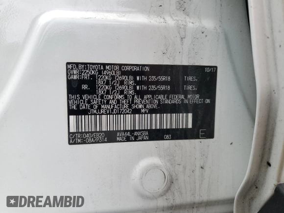 2018 Toyota RAV4 Hybrid SE with VIN JTMJJREV1JD172042, listed as a Copart auction lot 61418305 with 143,902 mi miles and Salvage title. Bid and sale history available at DreamBid. Image 14.