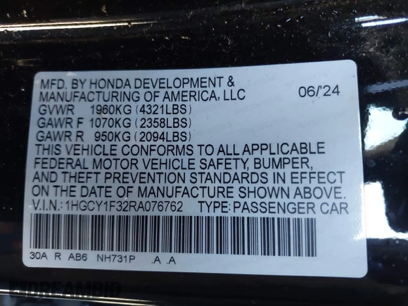 2024 Honda Accord EX с VIN 1HGCY1F32RA076762, выставлен на аукционе IAAI как лот 41440353 с пробегом Не указан миль и . История ставок и продаж доступна на DreamBid. Изображение 9.