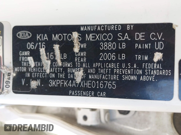 2017 Kia Forte LX with VIN 3KPFK4A7XHE016765, listed as a IAAI auction lot 40540016 with 126,264 mi miles. Bid and sale history available at carsss.com. Image 9.