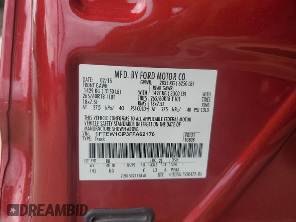 2015 Ford F-150 XL with VIN 1FTEW1CP3FFA62176, listed as a Copart auction lot 55364185 with 129,519 mi miles and Salvage title. Bid and sale history available at DreamBid. Image 12.