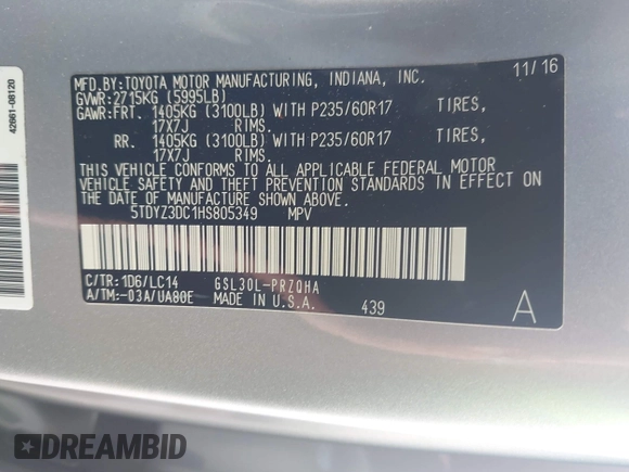 2017 Toyota Sienna XLE Auto Access Seat with VIN 5TDYZ3DC1HS805349, listed as a IAAI auction lot 42273787 with 184,347 mi miles and . Bid and sale history available at DreamBid. Image 9.