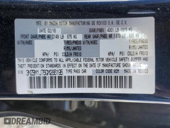 2016 Mazda 3 i Sport with VIN 3MZBM1J76GM286195, listed as a Copart auction lot 50806685 with 92,032 mi miles and Salvage Title. Bid and sale history available at DreamBid. Image 13.