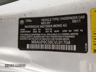 2012 BMW 1 Series 128i with VIN WBAUP9C58CVL91704, listed as a Copart auction lot 51833175 with 88,129 mi miles and Clean title. Bid and sale history available at DreamBid. Image 12.