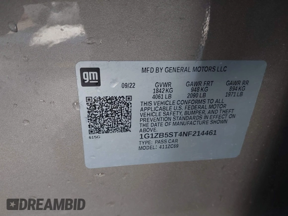 2022 Chevrolet Malibu LS with VIN 1G1ZB5ST4NF214461, listed as a IAAI auction lot 40948760 with 96,784 mi miles and . Bid and sale history available at DreamBid. Image 9.
