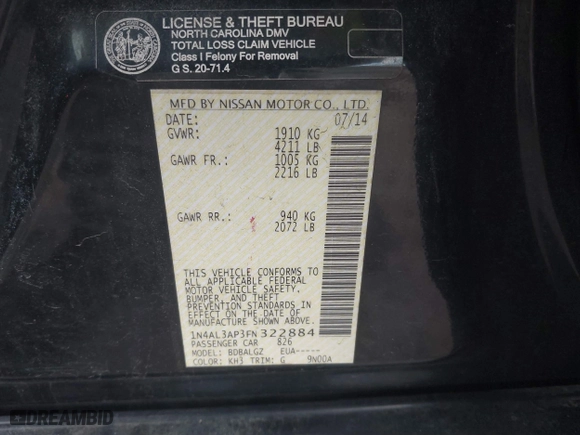 2015 Nissan Altima 2.5 with VIN 1N4AL3AP3FN322884, listed as a IAAI auction lot 41884854 with 274,298 mi miles. Bid and sale history available at carsss.com. Image 9.