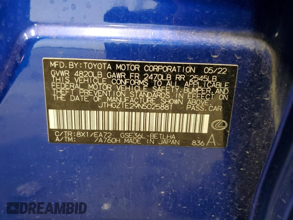 2022 Lexus IS 350 F Sport with VIN JTHGZ1E29N5025881, listed as a Copart auction lot 49969045 with 26,300 mi miles and Salvage title. Bid and sale history available at DreamBid. Image 13.