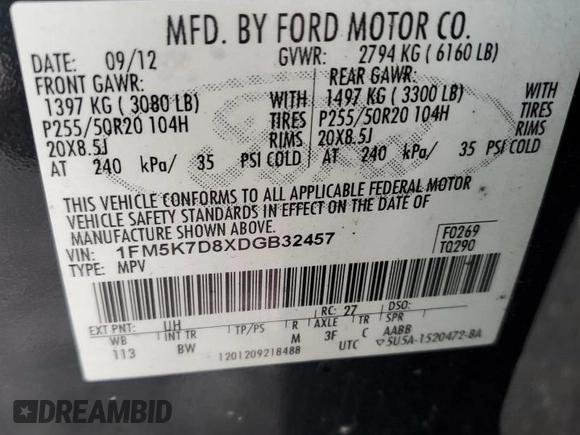 2013 Ford Explorer XLT с VIN 1FM5K7D8XDGB32457, выставлен на аукционе Copart как лот 88579905 с пробегом 161 142 миль миль и Чистый • Clean title. История ставок и продаж доступна на DreamBid. Изображение 13.