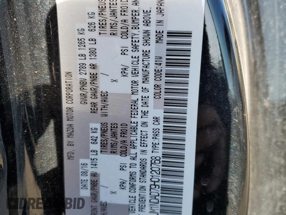 2017 Mazda MX-5 Miata Grand Touring with VIN JM1NDAD79H0120768, listed as a Copart auction lot 56358655 with 39,504 mi miles and Salvage title. Bid and sale history available at DreamBid. Image 12.