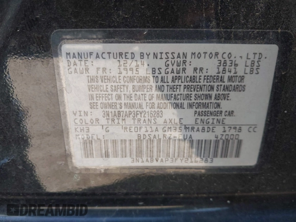2015 Nissan Sentra SV with VIN 3N1AB7AP3FY216283, listed as a IAAI auction lot 41998107 with Not Provided miles and . Bid and sale history available at DreamBid. Image 9.