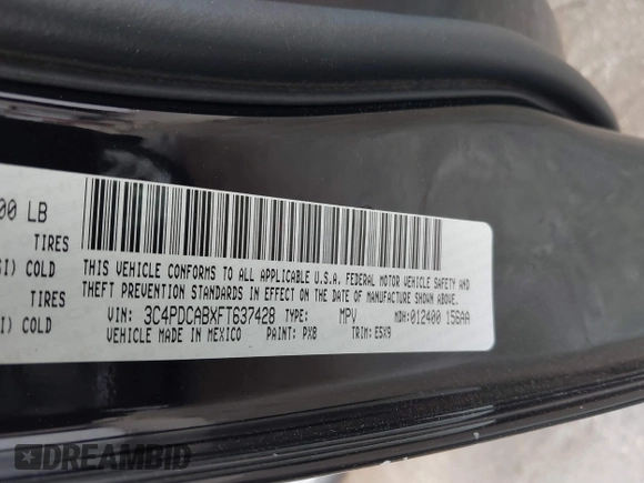 2015 Dodge Journey American Value Pkg with VIN 3C4PDCABXFT637428, listed as a IAAI auction lot 41507850 with 209,050 mi miles. Bid and sale history available at carsss.com. Image 9.