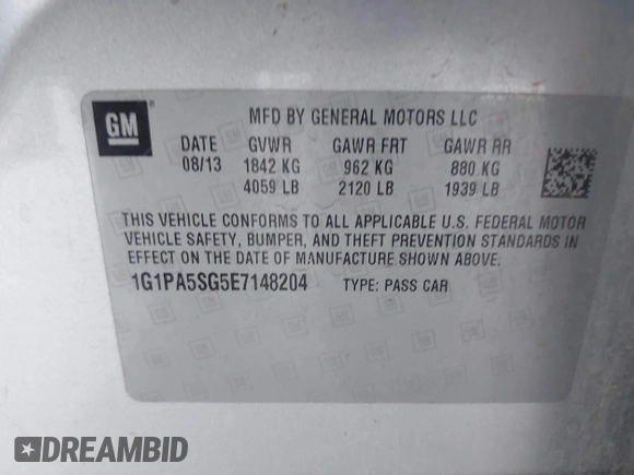 2014 Chevrolet Cruze LS with VIN 1G1PA5SG5E7148204, listed as a IAAI auction lot 42366990 with 100,424 mi miles and . Bid and sale history available at DreamBid. Image 9.