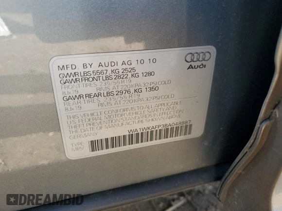 2011 Audi Q5 Prestige with VIN WA1WKAFP3BA048887, listed as a Copart auction lot 49798865 with 95,453 mi miles and Salvage title. Bid and sale history available at DreamBid. Image 13.