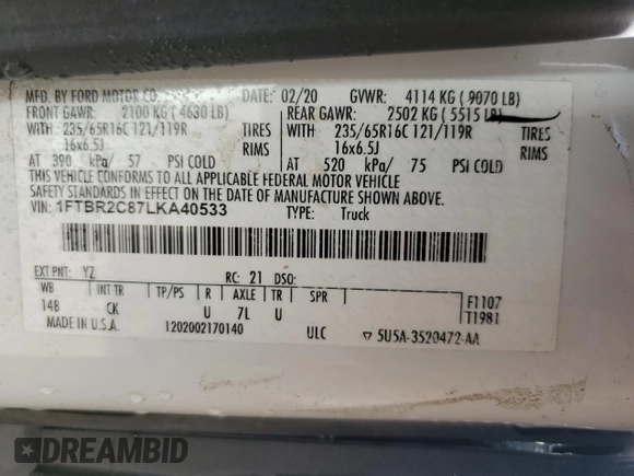 2020 Ford Transit Cargo with VIN 1FTBR2C87LKA40533, listed as a Copart auction lot 78714254 with 71,417 mi miles and Salvage Title. Bid and sale history available at carsss.com. Image 15.