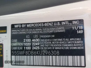 2019 Mercedes-Benz C 300 with VIN 55SWF8DB6KU296308, listed as a Copart auction lot 59987475 with 52,187 mi miles and Salvage title. Bid and sale history available at DreamBid. Image 12.