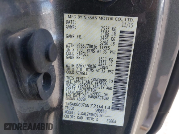 2016 Nissan Frontier SV with VIN 1N6AD0CU7GN720414, listed as a IAAI auction lot 42564856 with 183,119 mi miles and . Bid and sale history available at DreamBid. Image 9.