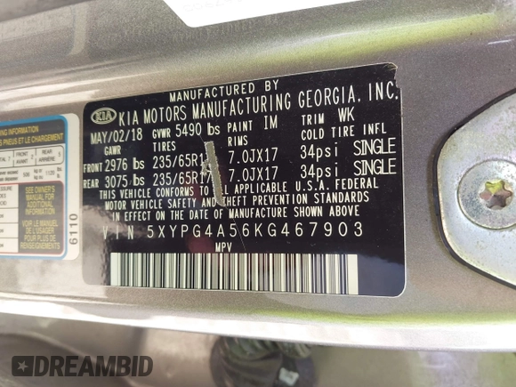 2019 Kia Sorento S with VIN 5XYPG4A56KG467903, listed as a IAAI auction lot 41836291 with 109,840 mi miles and . Bid and sale history available at carsss.com. Image 9.