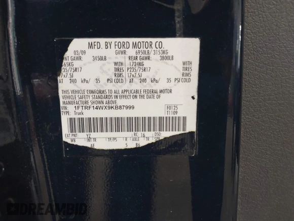 2009 Ford F-150 XL с VIN 1FTRF14WX9KB87999, выставлен на аукционе IAAI как лот 42423248 с пробегом 95 173 миль миль и . История ставок и продаж доступна на DreamBid. Изображение 9.