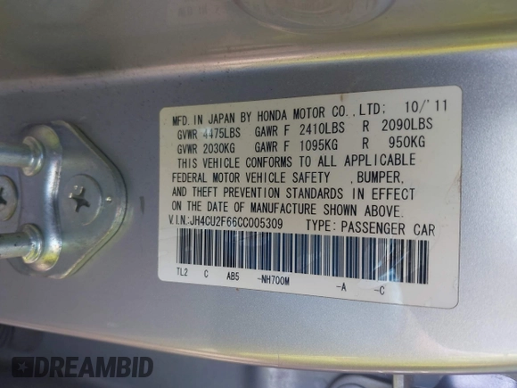 2012 Acura TSX Technology with VIN JH4CU2F66CC005309, listed as a IAAI auction lot 42639789 with 163,239 mi miles and . Bid and sale history available at DreamBid. Image 9.