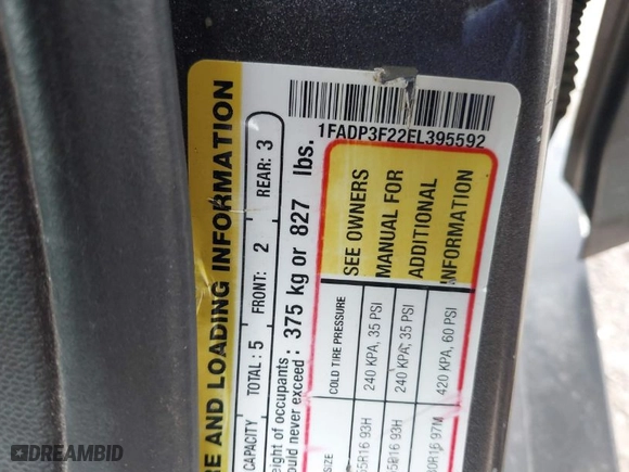 2014 Ford Focus SE with VIN 1FADP3F22EL395592, listed as a IAAI auction lot 41915197 with 103,537 mi miles. Bid and sale history available at carsss.com. Image 9.