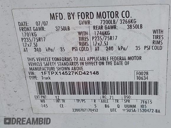 2007 Ford F-150 XLT with VIN 1FTPX14527KD42148, listed as a IAAI auction lot 42077816 with 267,360 mi miles. Bid and sale history available at carsss.com. Image 9.