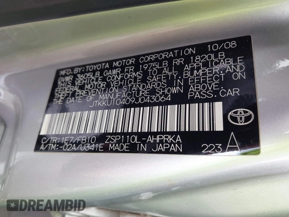 2009 Scion xD with VIN JTKKU10409J043064, listed as a IAAI auction lot 41884098 with 1 mi miles. Bid and sale history available at carsss.com. Image 9.