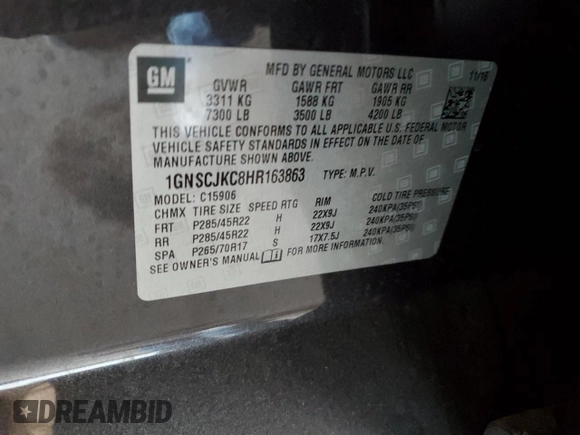 2017 Chevrolet Suburban Premier with VIN 1GNSCJKC8HR163863, listed as a Copart auction lot 78903514 with 142,212 mi miles and Salvage title. Bid and sale history available at DreamBid. Image 15.